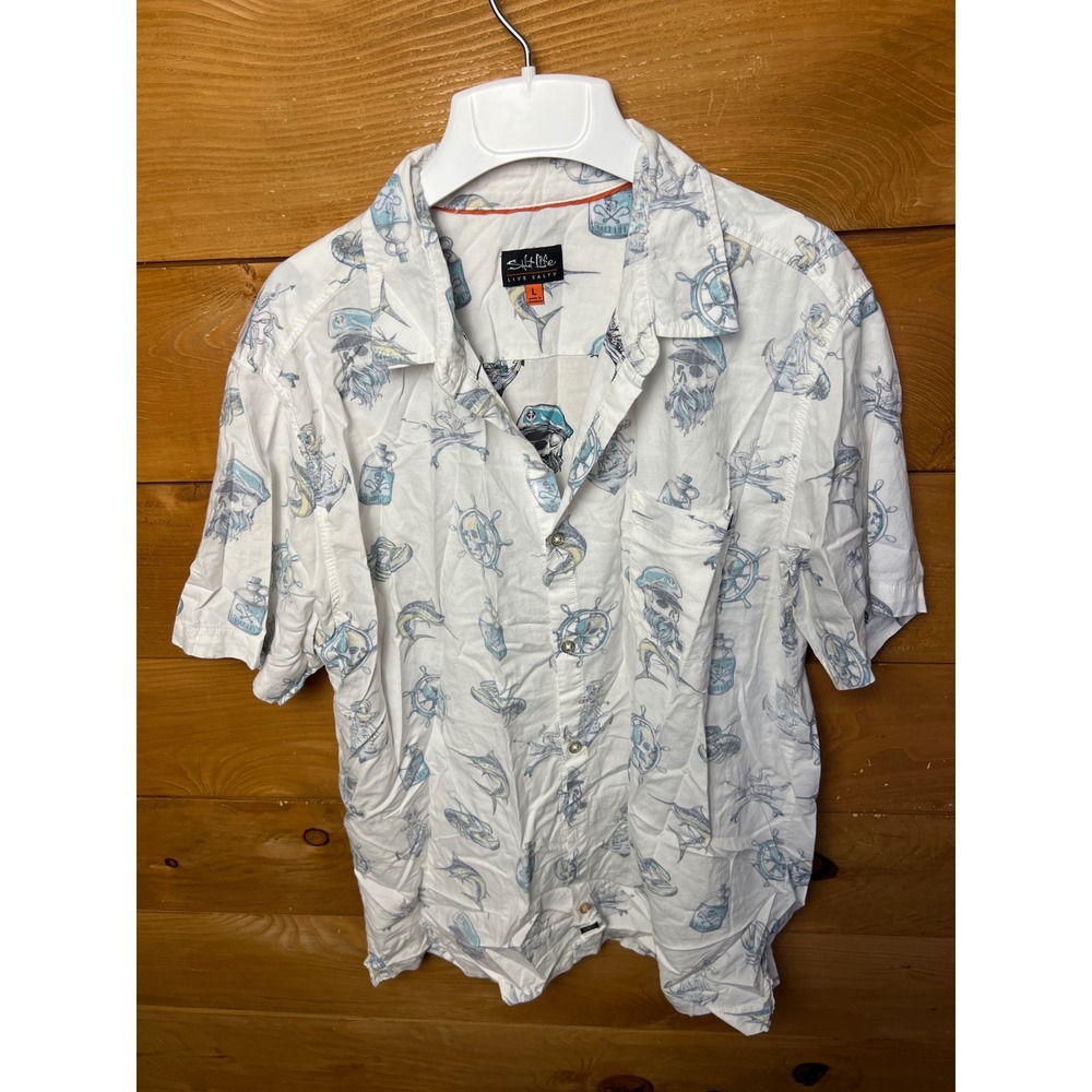 Salt Life Live Salty Mens L Nautical Skull Pirate Ship Anchor SS Button Up Shirt